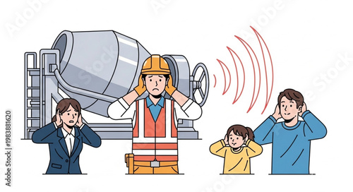 Construction worker and family covering ears from loud noise pollution.