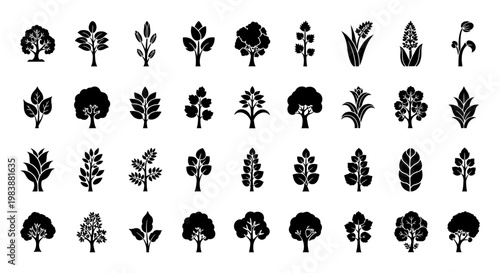 collection of diverse black and white plant and tree icons for design
