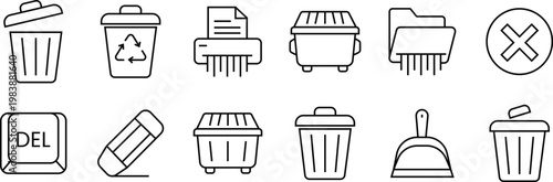 Collection of deletion and waste management icons in black and white line art on a transparent background for digital applications.