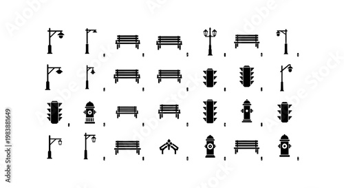 set of park elements icons like benches traffic lights street lamps fire hydrants