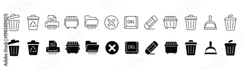 Modern flat icons for deletion and waste management, presented in both outline and solid black styles for diverse design projects.