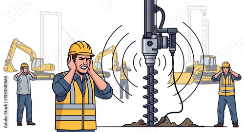 Construction worker covering ears from loud noise of drilling machine and heavy machinery.