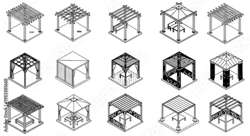 collection of isometric outdoor gazebo and pergola designs for garden and patio use