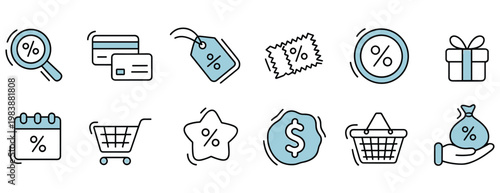 Shopping and finance icons with percentage signs and gift box Keywords: shopping, finance, icons, percentage, discount, sale
