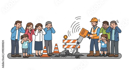 Construction worker using jackhammer annoys people covering ears.