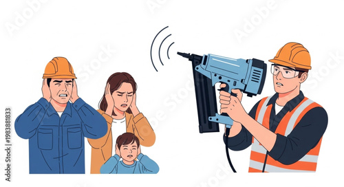 Construction worker using a nail gun causing noise pollution for a family.