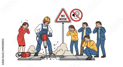 Construction worker using jackhammer causing noise pollution affecting people.