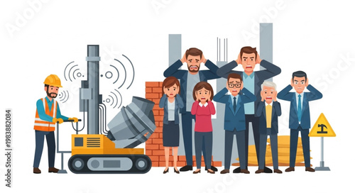 Construction workers and office workers react to loud noise from machinery.