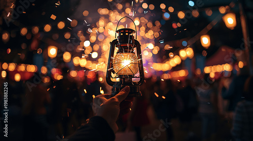 POV of hand holding rustic lantern with sparks at a crowded night festival with warm lights
