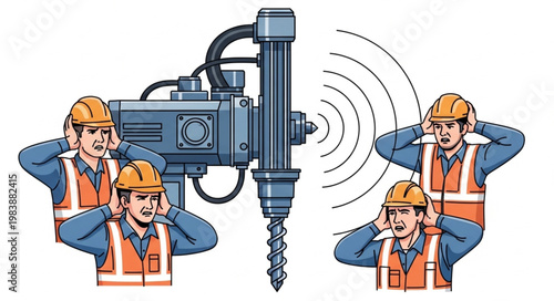 Construction workers covering ears from loud drilling noise.