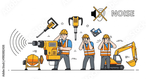 Construction workers covering ears from loud noise from heavy machinery.