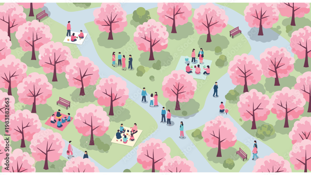 Fototapeta premium Spring Park Picnic & Cherry Blossom Viewing - People Enjoying Outdoors