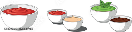 Variety of Sauces and Dips in White Bowls Including Ketchup, Mustard, and Mint for Food and Culinary Illustration Designs