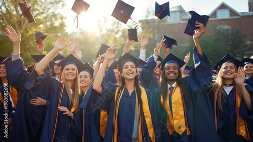 Crowd of graduates with yellow stoles throwing caps against sunlit campus architecture background