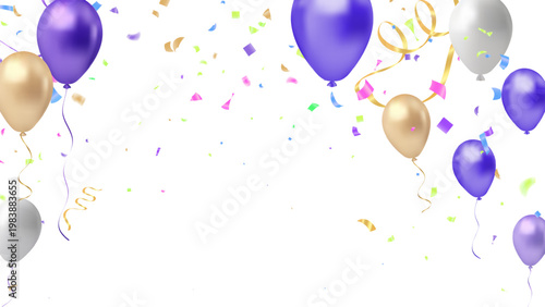 featuring balloons in purple, champagne gold, and silver. Includes a vibrant scatter of colorful confetti and elegant curling gold ribbons