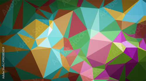 geometric background in a low-poly style. It features a mosaic of interlocking triangles in a vibrant, earth-toned palette including forest green, terracotta, mustard yellow, teal, and magenta. Subtle