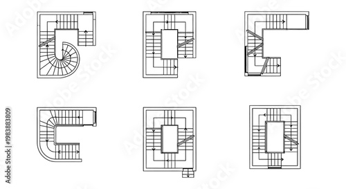 architectural floor plans illustrating various staircase designs and technical drawings for building construction and property development