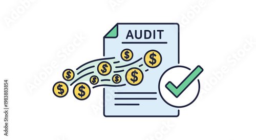 audit document illustration with dollar signs flowing marked by a checkmark depicting financial verification and business compliance.