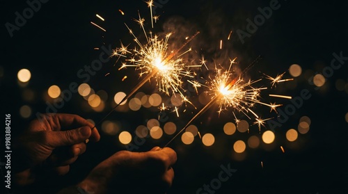 Hands holding burning sparklers celebrating at night with warm bokeh lights