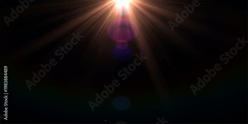 Abstract night sky with glowing blue lights, motion blur, stars, bright flares and spotlight shine background