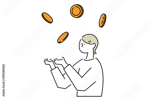 降ってくるお金を受け取ろうとする女性の線画イラスト