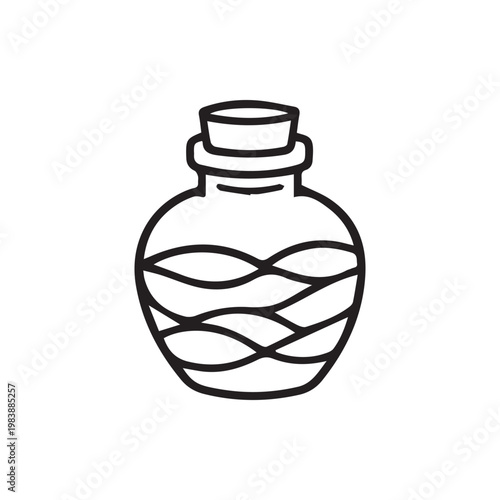 Quaint black outline drawing of a corked bottle filled with mysterious wavy liquid