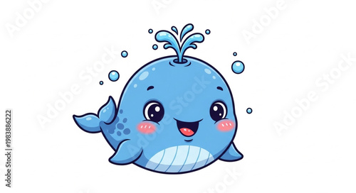 Cute cartoon blue whale spouting water.