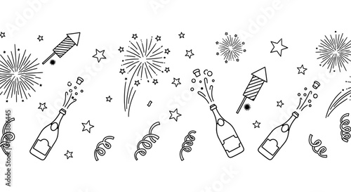 festive outline of champagne bottles popping with fireworks and confetti