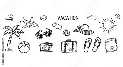 hand drawn doodle icons for vacation travel and summer holiday adventure