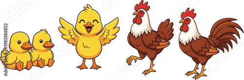 Cute chicken and rooster cartoon set with chicks, farm animals illustration collection for agriculture, poultry and kids design