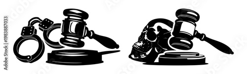 Gavel with handcuffs and skull symbolizing life sentence and death penalty justice vector silhouette