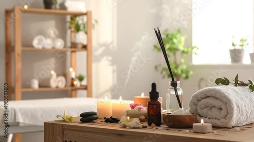 Spa setting with lit candles, incense, towels, and essential oils