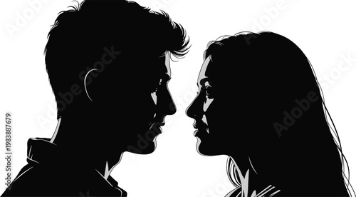 Romantic couple face to face silhouettes vector illustration, love relationship concept, man and woman profile, intimate moment, modern design elements