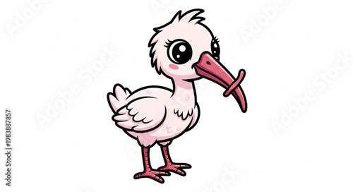 Cute cartoon baby ibis bird with long beak and pink feathers.
