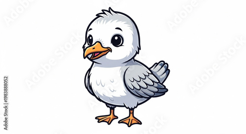 Cute cartoon baby seagull chick standing isolated on white background.