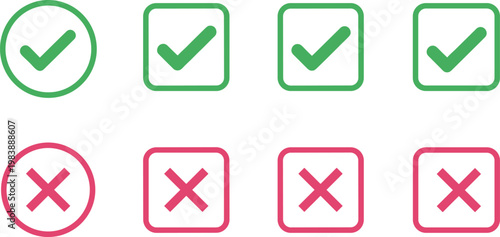Check mark and cross icon set in circle and square shapes, green tick and red X symbols for approval and rejection design