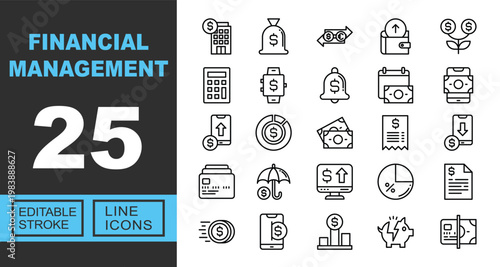 Financial Management line icon set. Exclusive Financial Management line icon collection. Containing Bank, Money-bag, Exchange, Wallet, Growth, Calculator, Watch, Notification. Editable stroke.