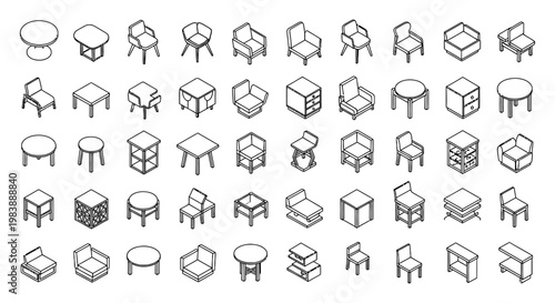 collection of isometric outline furniture icons including tables chairs and cabinets