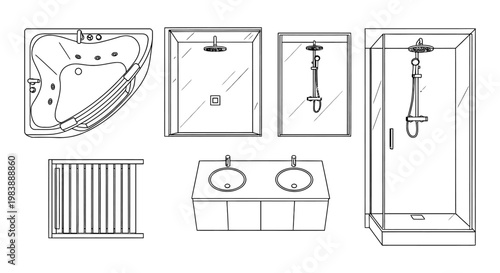 top view of bathroom fixtures including corner jacuzzi tub double vanity and shower stalls