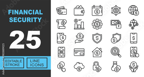 Financial Security line icon set. Exclusive Financial Security line icon collection. Containing Card, Wallet, Calendar, Network, Globe, Document, Chart, Gear, Lock, Umbrella. Editable stroke.