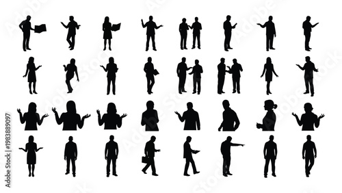 A collection of black silhouettes depicting diverse people in various dynamic poses and interactions high quality