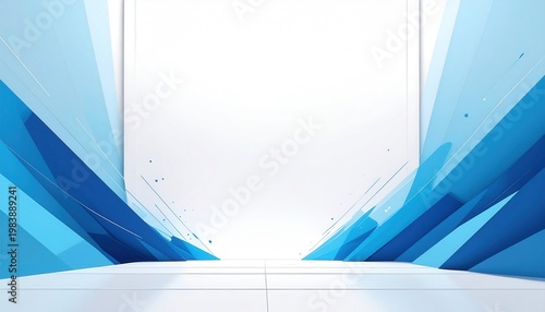 Ein moderner, abstrakter Hintergrund mit blauen geometrischen Formen und einer hellen weißen Fläche in der Mitte für Präsentationen und Design.