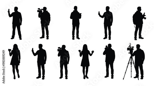 Silhouettes of people interacting with cameras and microphones depicting media and public engagement high quality professional