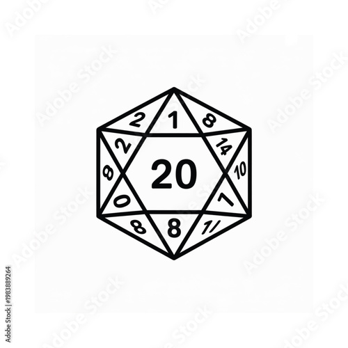 A black and white illustration of a twenty sided die with numbered faces