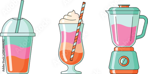 Colorful smoothie and milkshake drinks set with blender and takeaway cup, fresh summer beverage illustration for cafe and healthy lifestyle design