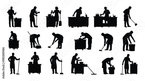 A collection of black silhouette figures depicting people engaged in various cleaning and maintenance tasks