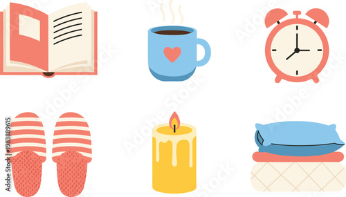 Cozy home elements set with book, coffee cup, slippers, candle and alarm clock, relaxing lifestyle illustration for comfort and hygge design