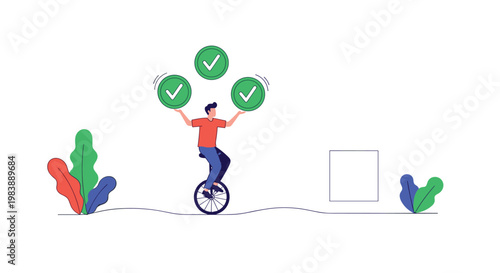 Multi tasking man riding a unicycle while juggling several checkmark symbols illustrating work life balance and efficiency in tasks.