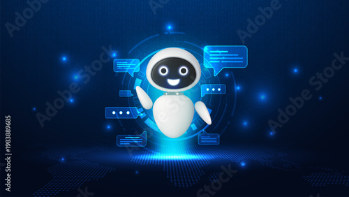 Smart robot with a speech bubble on a futuristic background. Chatbot online service and answer questions.  AI dialog. Data search optimization by artificial intelligence. vector illustration.
