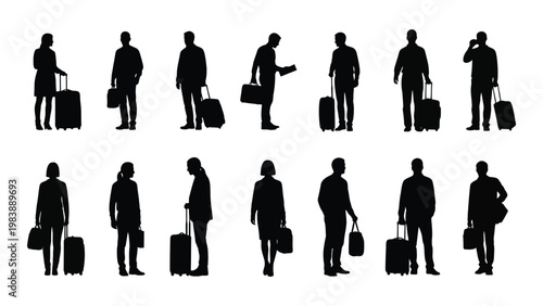 Silhouettes of diverse people carrying luggage representing travel and commuting in a modern setting high quality